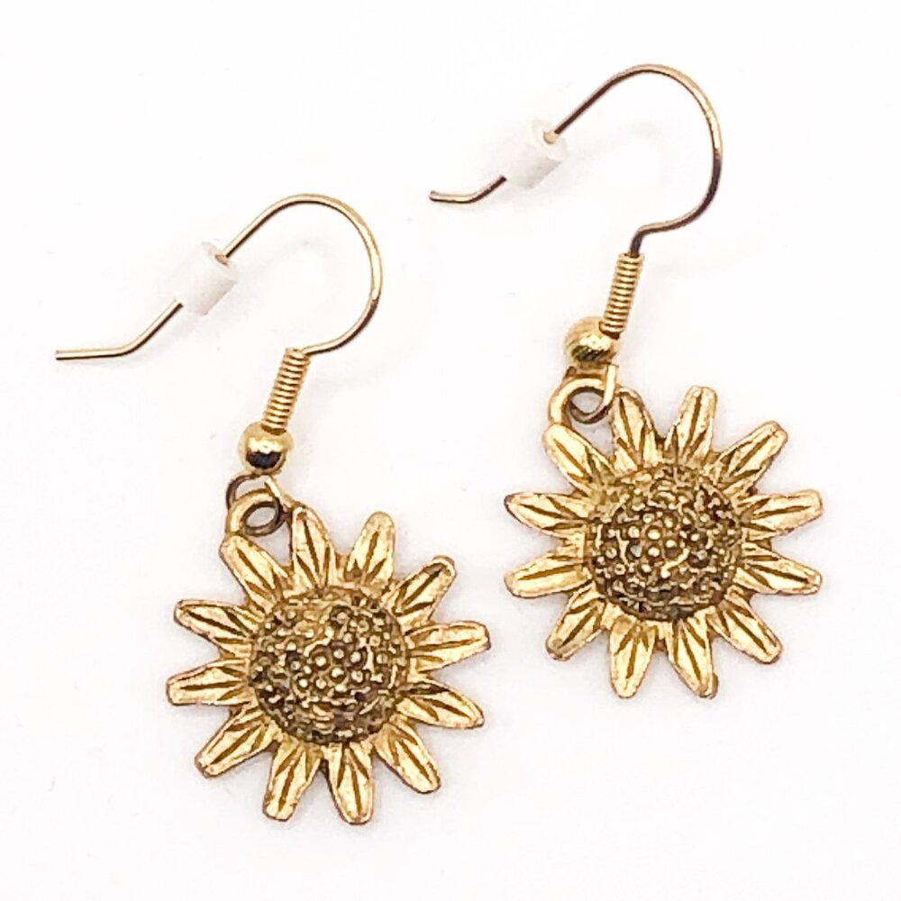 Dark Gold Tone Sunflower pierced dangle drop fishhook earrings